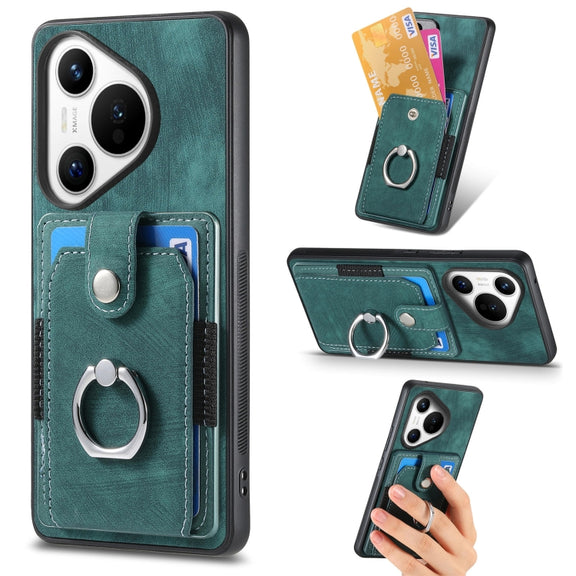 For Huawei Pura 70 Pro Retro Skin-feel Ring Card Wallet Phone Case(Green)