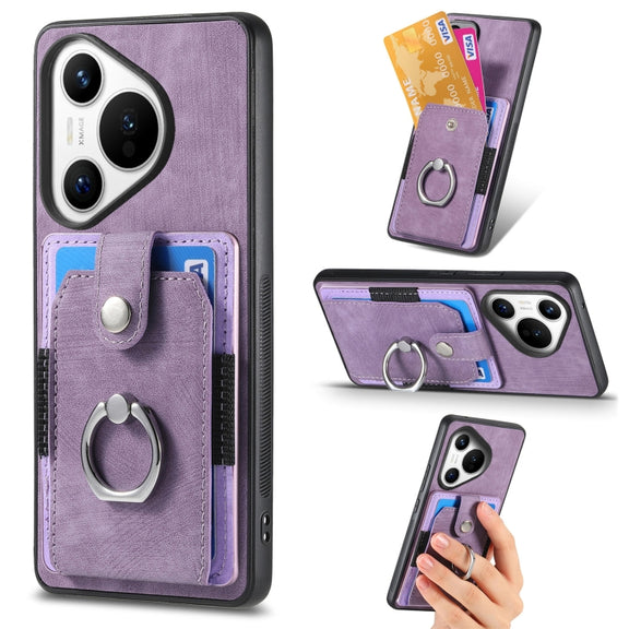For Huawei Pura 70 Pro+ Retro Skin-feel Ring Card Wallet Phone Case(Purple)