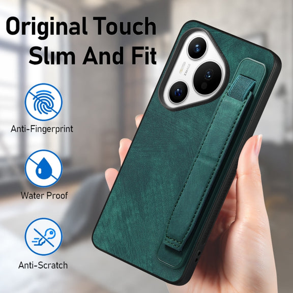 For Huawei Pura 70 Pro Retro Wristband Holder Leather Back Phone Case(Green)