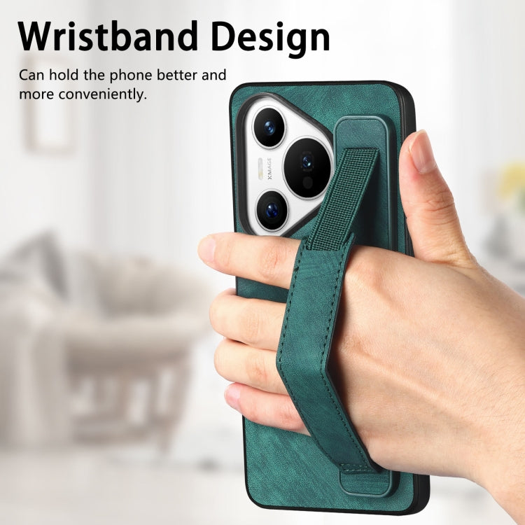 For Huawei Pura 70 Pro+ Retro Wristband Holder Leather Back Phone Case(Green)