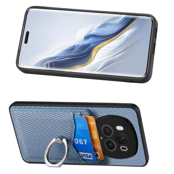 For Honor Magic6 Pro Carbon Fiber Card Wallet Ring Phone Case(Blue)