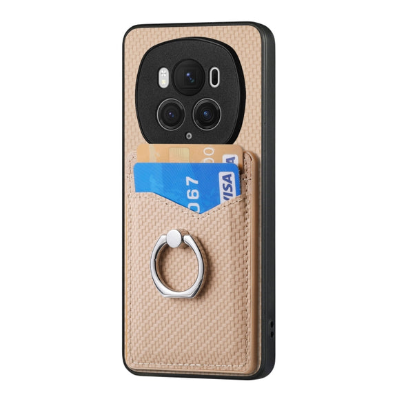 For Honor Magic6 Pro Carbon Fiber Card Wallet Ring Phone Case(Khaki)