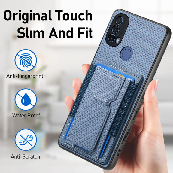 For Motorola Moto G 5G 2024 4G Carbon Fiber Fold Stand Elastic Card Bag Phone Case(Blue)