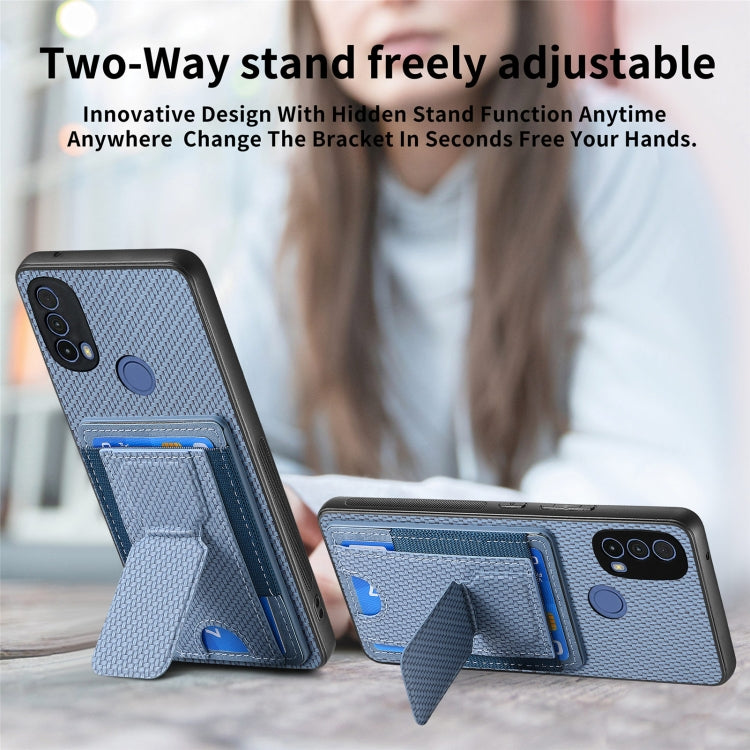 For Motorola Moto G 5G 2024 4G Carbon Fiber Fold Stand Elastic Card Bag Phone Case(Blue)