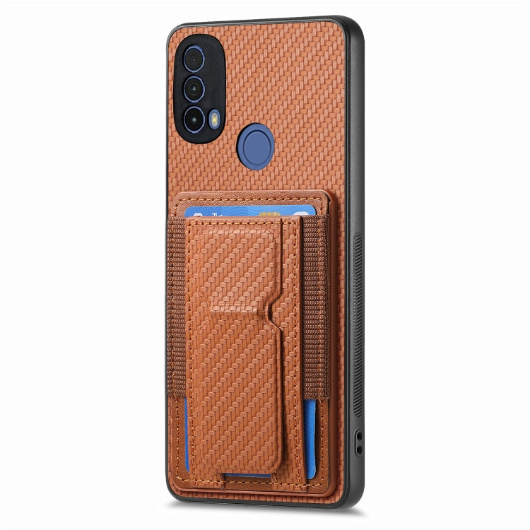 For Motorola Moto G 5G 2024 4G Carbon Fiber Fold Stand Elastic Card Bag Phone Case(Brown)