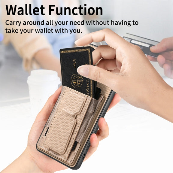 For Motorola Moto G 5G 2024 4G Carbon Fiber Fold Stand Elastic Card Bag Phone Case(Khaki)