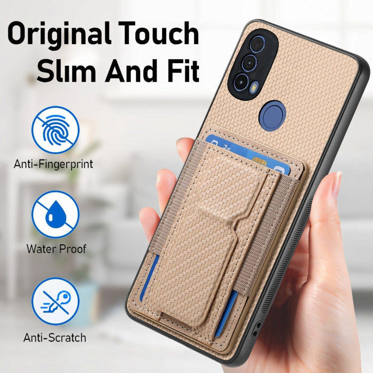 For Motorola Moto G 5G 2024 4G Carbon Fiber Fold Stand Elastic Card Bag Phone Case(Khaki)