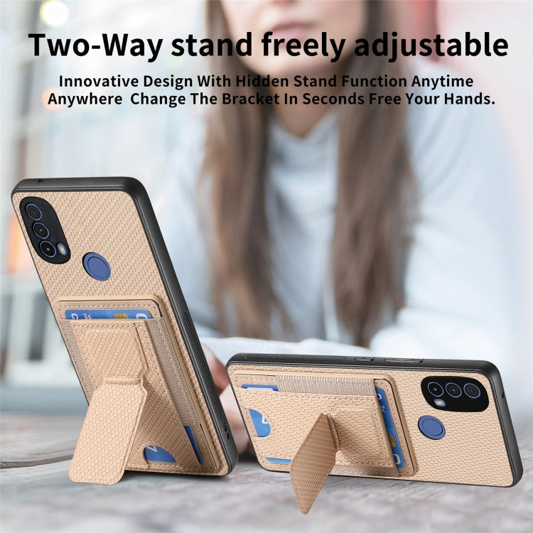 For Motorola Moto G 5G 2024 4G Carbon Fiber Fold Stand Elastic Card Bag Phone Case(Khaki)