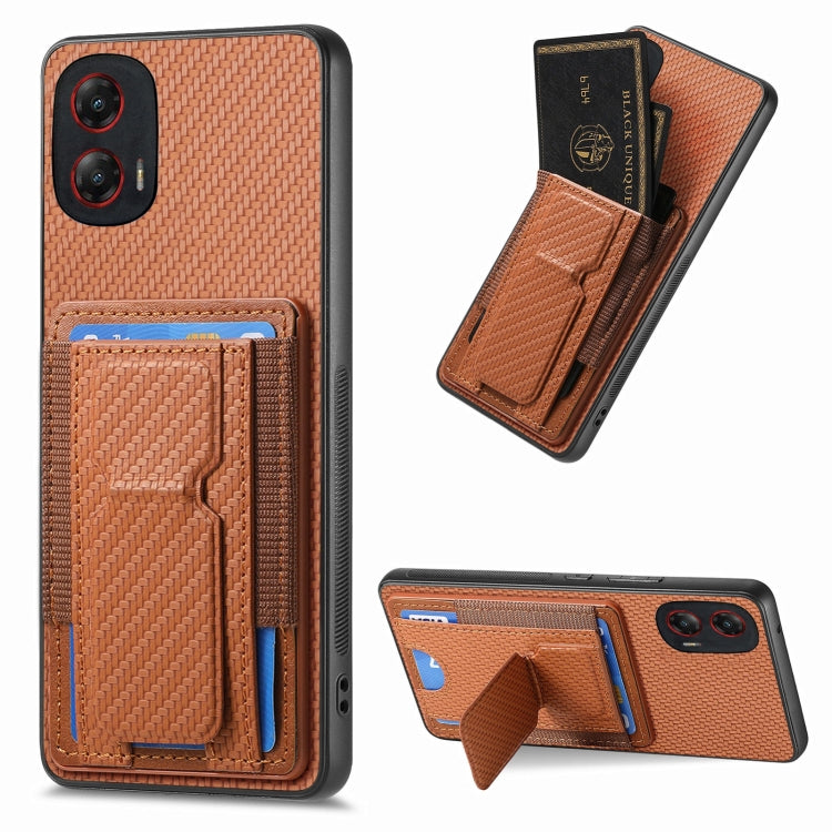 For Motorola Moto G Stylus 5G 2024 Carbon Fiber Fold Stand Elastic Card Bag Phone Case(Brown) - free shipping - PMC Jewellery - Order now!