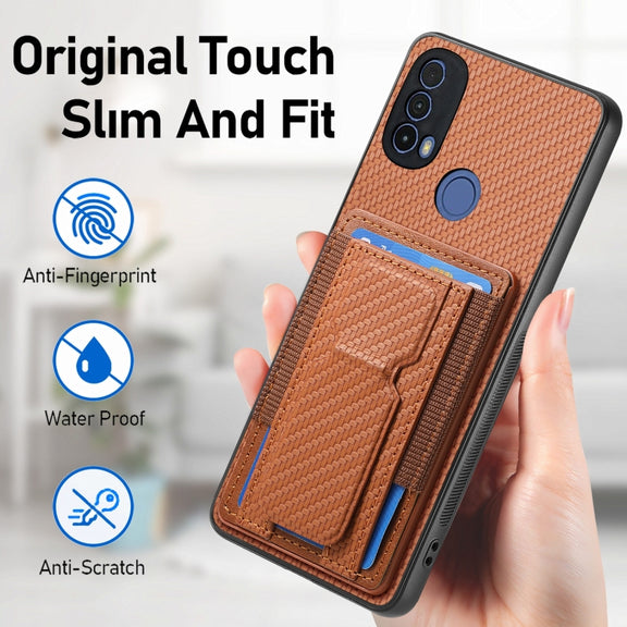 For Motorola Moto G Stylus 5G 2024 Carbon Fiber Fold Stand Elastic Card Bag Phone Case(Brown)