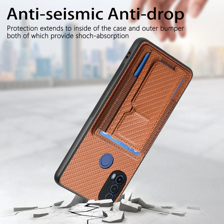 For Motorola Moto G Stylus 5G 2024 Carbon Fiber Fold Stand Elastic Card Bag Phone Case(Brown)