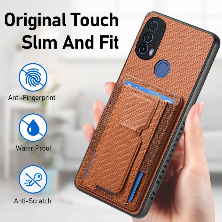 For Motorola Moto G Stylus 5G 2024 Carbon Fiber Fold Stand Elastic Card Bag Phone Case(Brown)