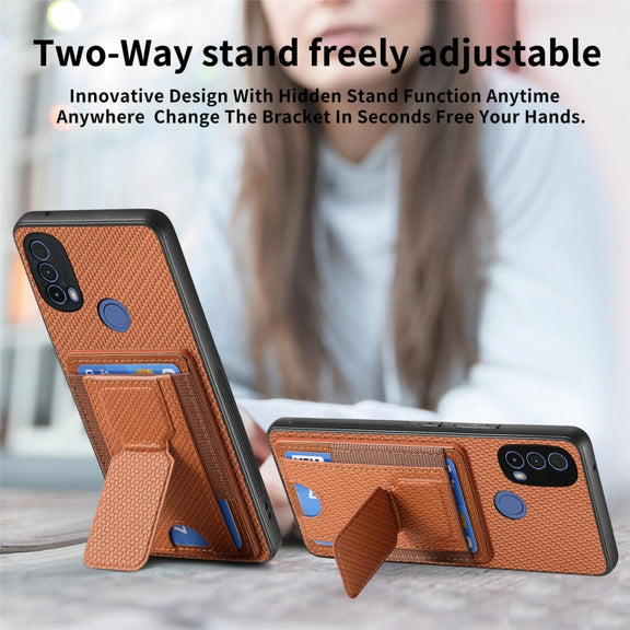 For Motorola Moto G Stylus 5G 2024 Carbon Fiber Fold Stand Elastic Card Bag Phone Case(Brown)