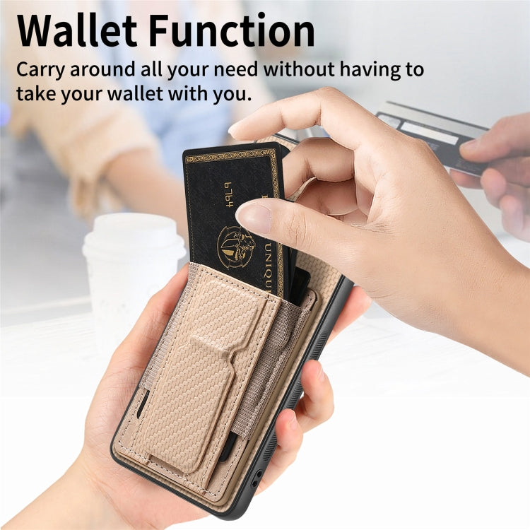 For Motorola Moto G Stylus 5G 2024 Carbon Fiber Fold Stand Elastic Card Bag Phone Case(Khaki)