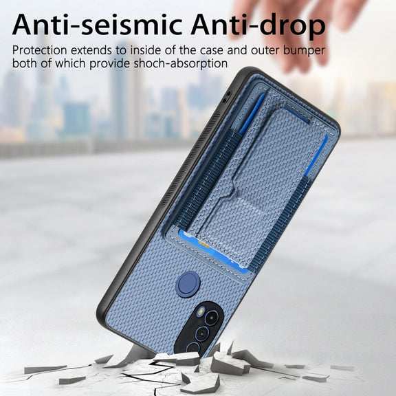 For Motorola Moto G Power 5G 2024 Carbon Fiber Fold Stand Elastic Card Bag Phone Case(Blue)
