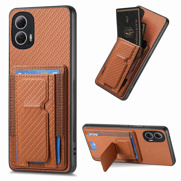 For Motorola Moto G Power 5G 2024 Carbon Fiber Fold Stand Elastic Card Bag Phone Case(Brown) - Motorola Cases by PMC Jewellery | Online Shopping South Africa | PMC Jewellery | Buy Now Pay Later Mobicred