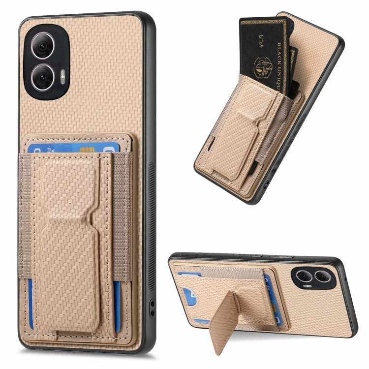 For Motorola Moto G Power 5G 2024 Carbon Fiber Fold Stand Elastic Card Bag Phone Case(Khaki) - Motorola Cases by PMC Jewellery | Online Shopping South Africa | PMC Jewellery | Buy Now Pay Later Mobicred