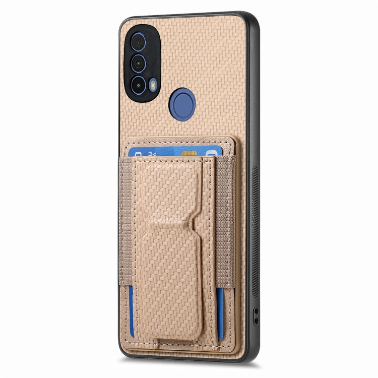 For Motorola Moto G Power 5G 2024 Carbon Fiber Fold Stand Elastic Card Bag Phone Case(Khaki) - Motorola Cases by PMC Jewellery | Online Shopping South Africa | PMC Jewellery | Buy Now Pay Later Mobicred