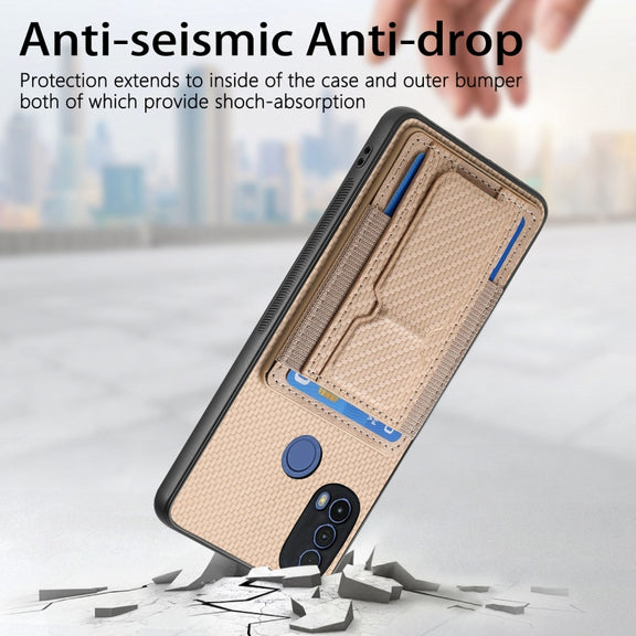 For Motorola Moto G Power 5G 2024 Carbon Fiber Fold Stand Elastic Card Bag Phone Case(Khaki)