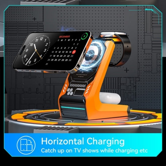 T21 3 in 1 Mecha Charger Mobile Phone Watch Earphone Desktop Wireless Charging Dock Station(Orange)