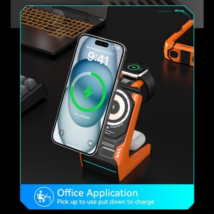 T21 3 in 1 Mecha Charger Mobile Phone Watch Earphone Desktop Wireless Charging Dock Station(Orange)