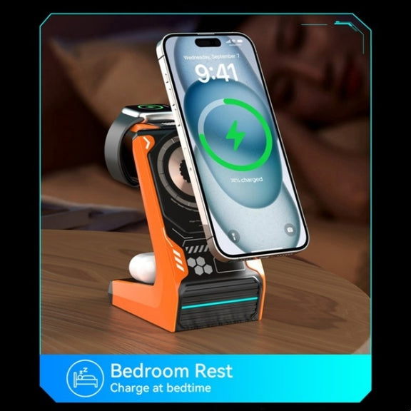T21 3 in 1 Mecha Charger Mobile Phone Watch Earphone Desktop Wireless Charging Dock Station(Orange)