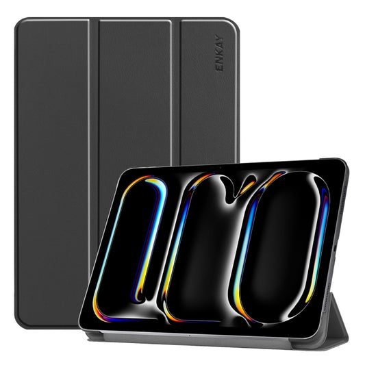 For iPad Pro 11 2024 ENKAY Tri-fold Custer Texture Platic Leather Smart Tablet Case(Black) - free shipping - PMC Jewellery - Order now!