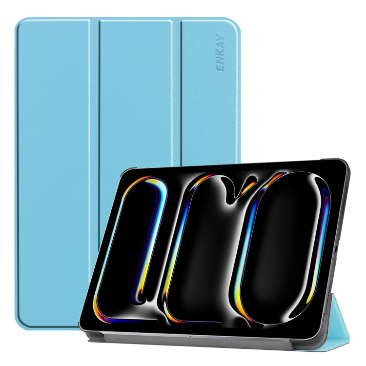 For iPad Pro 11 2024 ENKAY Tri-fold Custer Texture Platic Leather Smart Tablet Case(Light Blue) - iPad Pro 11 2024 Cases by ENKAY | Online Shopping South Africa | PMC TechLife | Buy Now Pay Later Mobicred