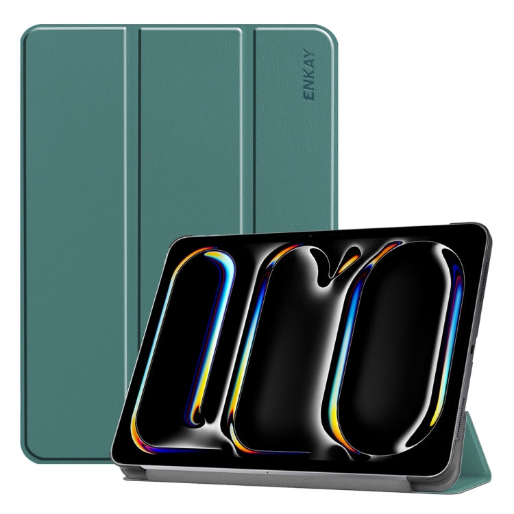 For iPad Pro 11 2024 ENKAY Tri-fold Custer Texture Platic Leather Smart Tablet Case(Dark Green) - free shipping - PMC TechLife - Order now!