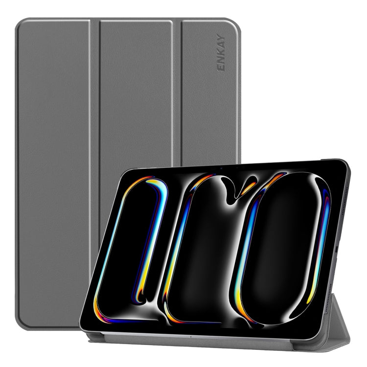 For iPad Pro 11 2024 ENKAY Tri-fold Custer Texture Platic Leather Smart Tablet Case(Grey) - iPad Pro 11 2024 Cases by ENKAY | Online Shopping South Africa | PMC TechLife | Buy Now Pay Later Mobicred