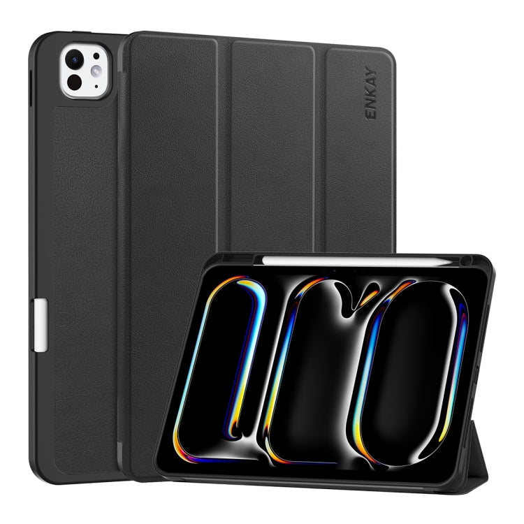 For iPad Pro 11 2024 ENKAY Tri-fold Custer Texture TPU Leather Smart Tablet Case with Pen Slot(Black) - iPad Pro 11 2024 Cases by ENKAY | Online Shopping South Africa | PMC TechLife | Buy Now Pay Later Mobicred