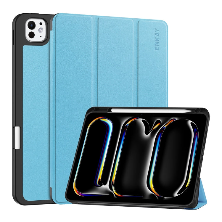 For iPad Pro 11 2024 ENKAY Tri-fold Custer Texture TPU Leather Smart Tablet Case with Pen Slot(Light Blue) - iPad Pro 11 2024 Cases by ENKAY | Online Shopping South Africa | PMC TechLife | Buy Now Pay Later Mobicred