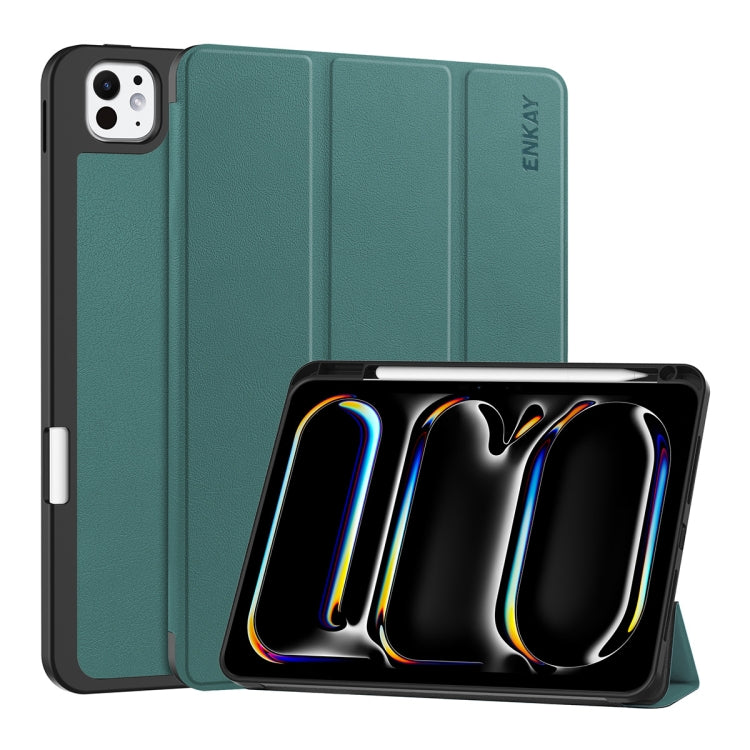 For iPad Pro 11 2024 ENKAY Tri-fold Custer Texture TPU Leather Smart Tablet Case with Pen Slot(Dark Green) - iPad Pro 11 2024 Cases by ENKAY | Online Shopping South Africa | PMC TechLife | Buy Now Pay Later Mobicred