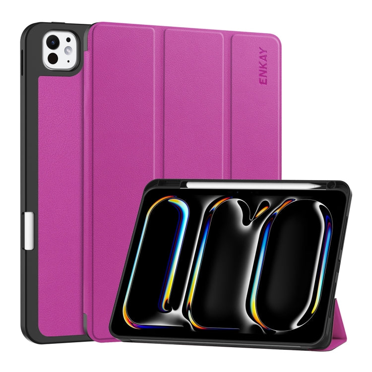 For iPad Pro 11 2024 ENKAY Tri-fold Custer Texture TPU Leather Smart Tablet Case with Pen Slot(Purple) - iPad Pro 11 2024 Cases by ENKAY | Online Shopping South Africa | PMC TechLife | Buy Now Pay Later Mobicred