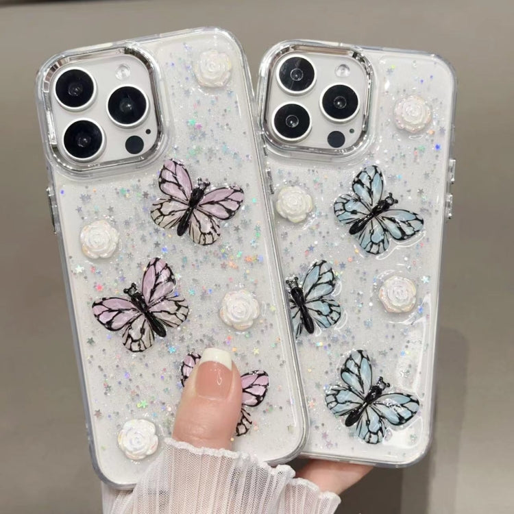 For iPhone 16 Pro Max Glitter 3D Butterfly TPU Phone Case(Blue)