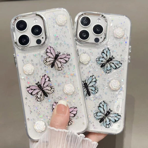 For iPhone 16 Pro Glitter 3D Butterfly TPU Phone Case(Gold)