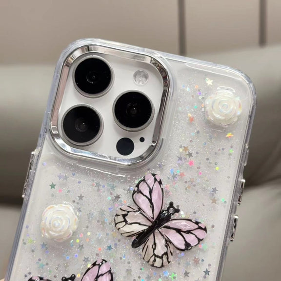 For iPhone 16 Glitter 3D Butterfly TPU Phone Case(Gold)