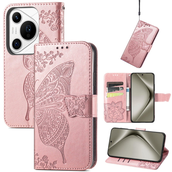 For Huawei Pura 70 Pro Butterfly Love Flower Embossed Leather Phone Case(Rose Gold)