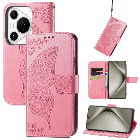 For Huawei Pura 70 Pro Butterfly Love Flower Embossed Leather Phone Case(Pink)