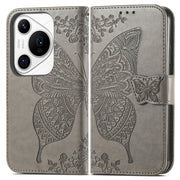 For Huawei Pura 70 Pro Butterfly Love Flower Embossed Leather Phone Case(Gray)