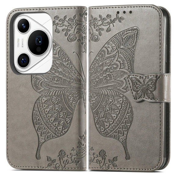 For Huawei Pura 70 Pro Butterfly Love Flower Embossed Leather Phone Case(Gray)