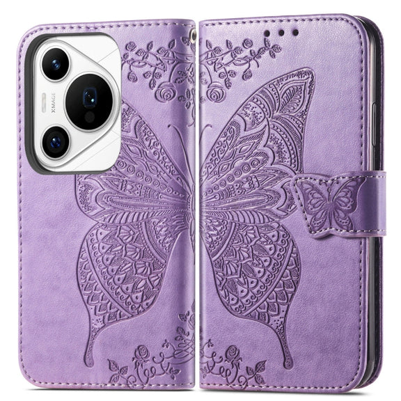 For Huawei Pura 70 Pro Butterfly Love Flower Embossed Leather Phone Case(Lavender)