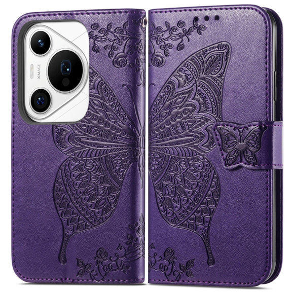 For Huawei Pura 70 Pro Butterfly Love Flower Embossed Leather Phone Case(Purple)