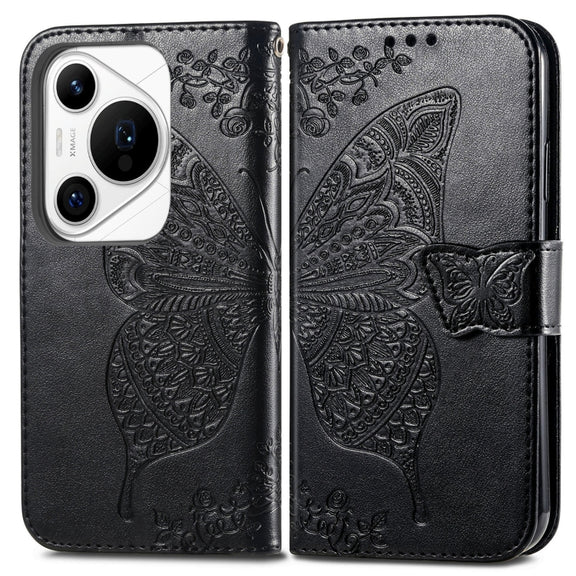 For Huawei Pura 70 Pro+ Butterfly Love Flower Embossed Leather Phone Case(Black)