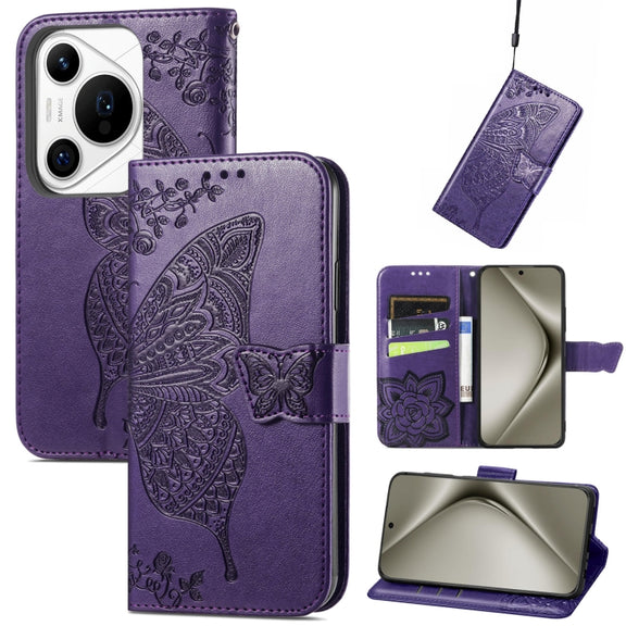 For Huawei Pura 70 Pro+ Butterfly Love Flower Embossed Leather Phone Case(Purple)