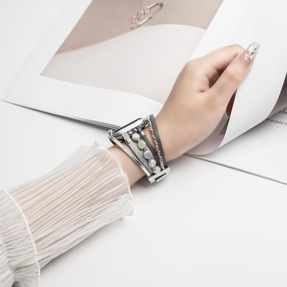 For Apple Watch SE 2023 44mm Beaded National Style Bracelet Crystal Watch Band(Silver)