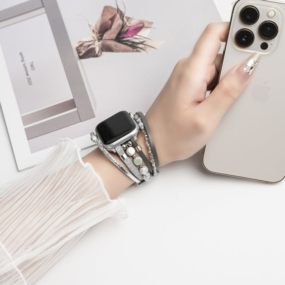 For Apple Watch SE 2023 44mm Beaded National Style Bracelet Crystal Watch Band(Silver)
