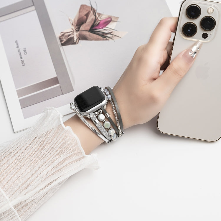 For Apple Watch SE 2023 44mm Beaded National Style Bracelet Crystal Watch Band(Silver)