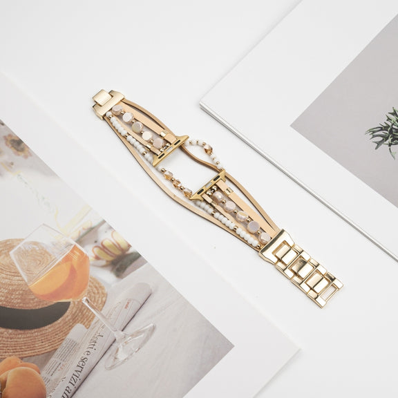 For Apple Watch Series 7 45mm Beaded National Style Bracelet Crystal Watch Band(Rose Gold)