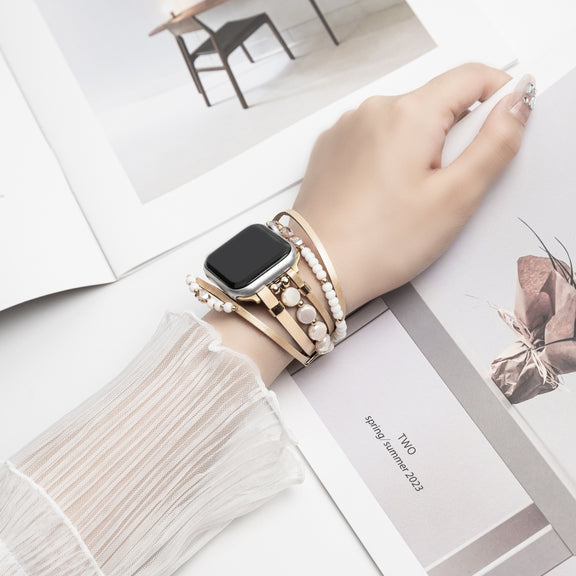 For Apple Watch Series 5 44mm Beaded National Style Bracelet Crystal Watch Band(Rose Gold)